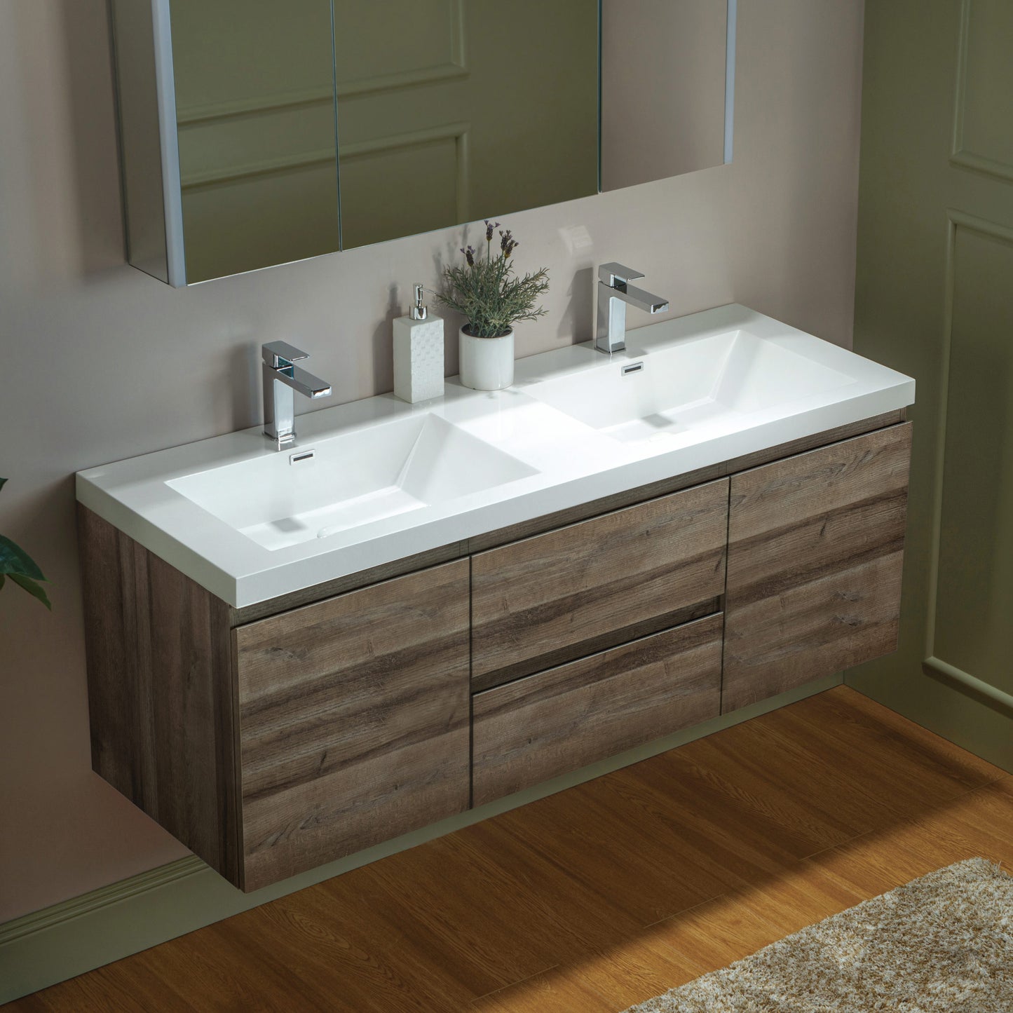 WOODBRIDGE | Wall-Mounted Floating Bathroom Vanity | Glossy White Resin Top | Gray Oak Cabinet