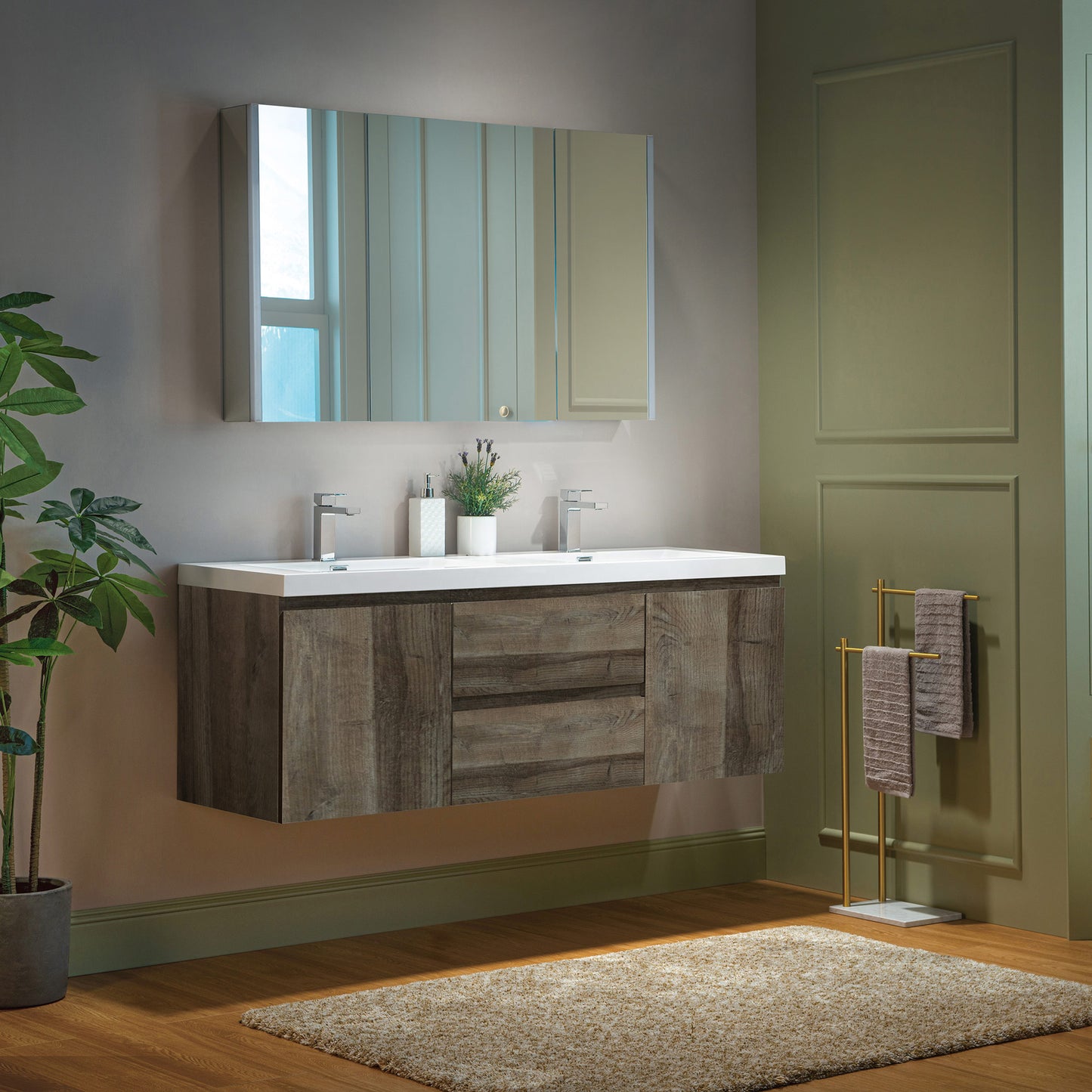 WOODBRIDGE | Wall-Mounted Floating Bathroom Vanity | Glossy White Resin Top | Gray Oak Cabinet