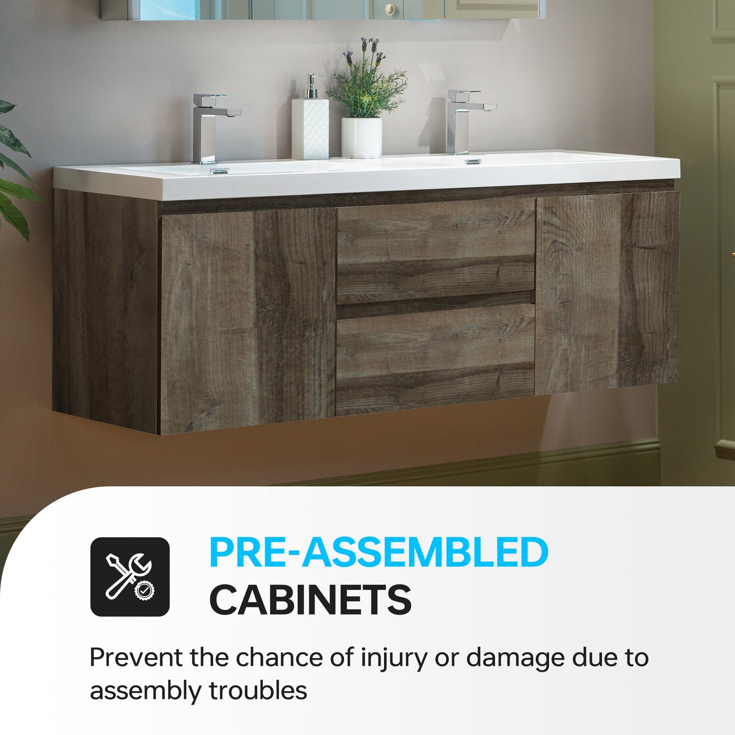 WOODBRIDGE | Wall-Mounted Floating Bathroom Vanity | Glossy White Resin Top | Gray Oak Cabinet