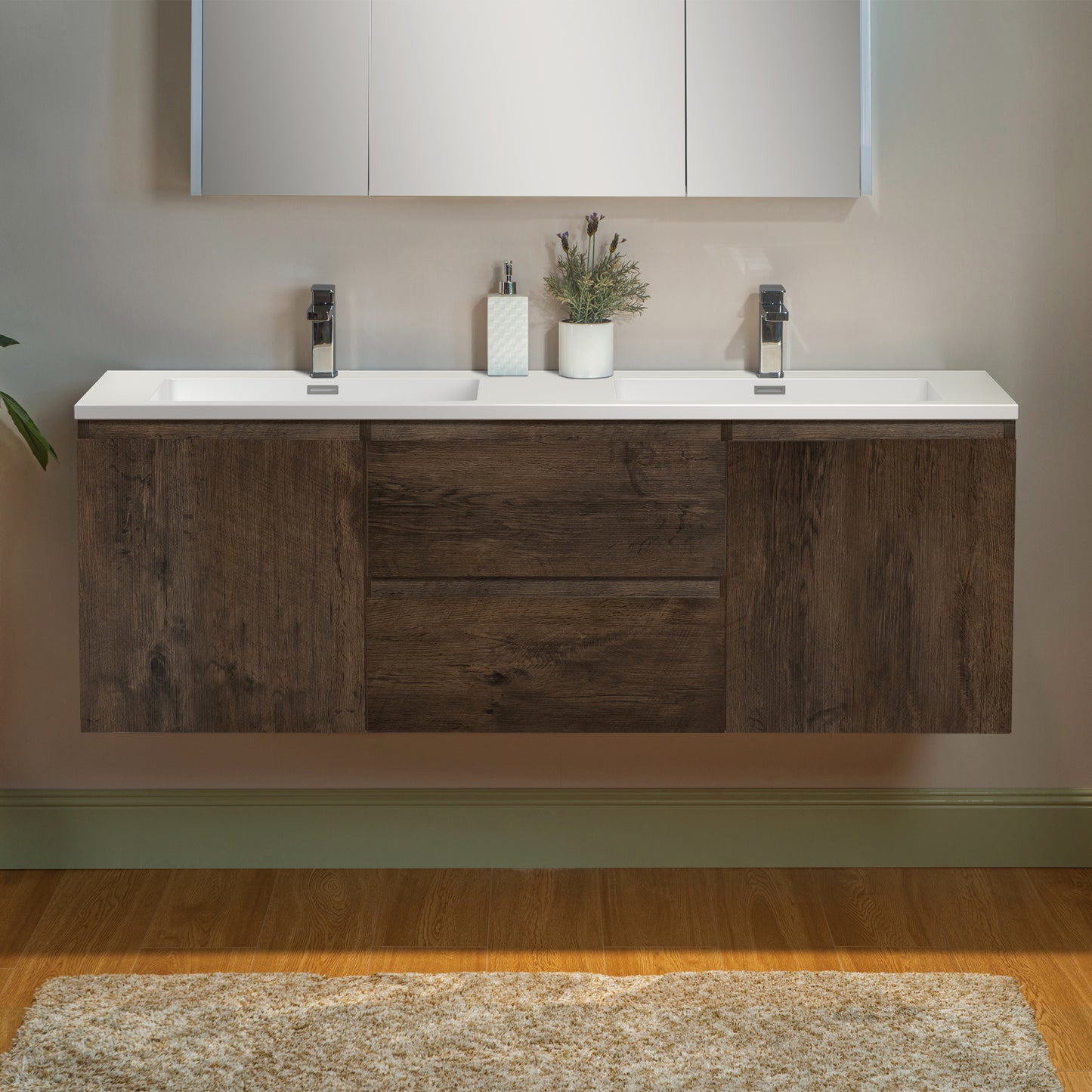 WOODBRIDGE | Wall-Mounted Floating Bathroom Vanity | with Glossy White Resin Top & Rose Wood Cabinet
