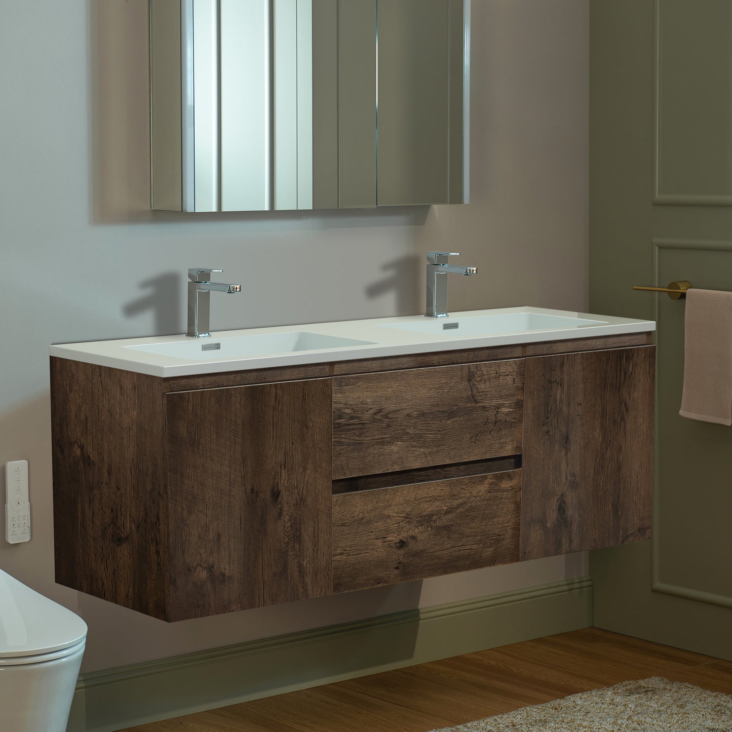 WOODBRIDGE | Wall-Mounted Floating Bathroom Vanity | with Glossy White Resin Top & Rose Wood Cabinet
