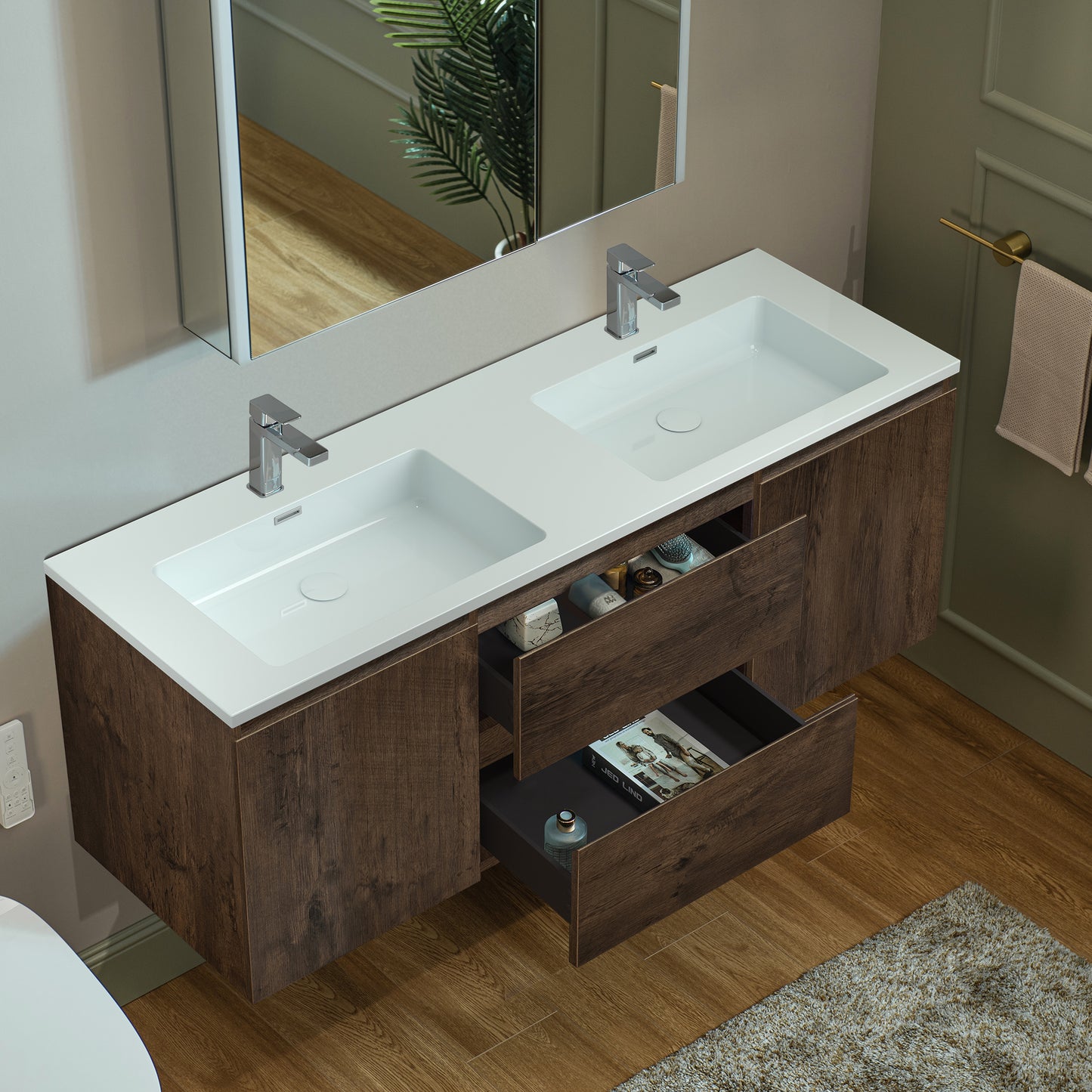 WOODBRIDGE | Wall-Mounted Floating Bathroom Vanity | with Glossy White Resin Top & Rose Wood Cabinet
