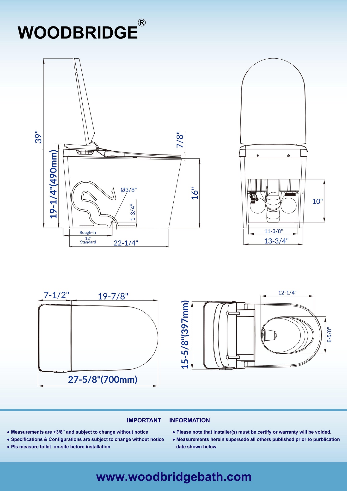 WOODBRIDGE EBT470 | Smart Bidet Toilet | Foot Sensor Auto Open/Close & Quiet Flush | Warm Air Dryer| Nightlight