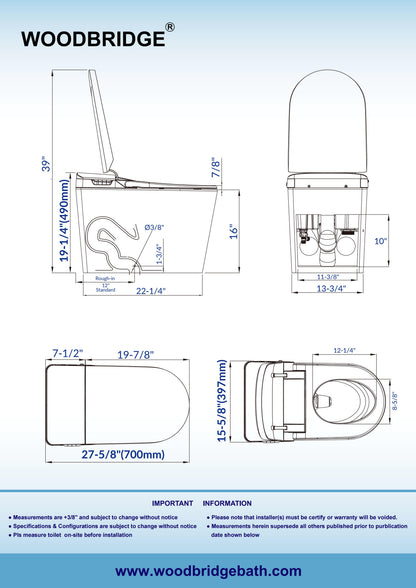 WOODBRIDGE EBT470 | Smart Bidet Toilet | Foot Sensor Auto Open/Close & Quiet Flush | Warm Air Dryer| Nightlight