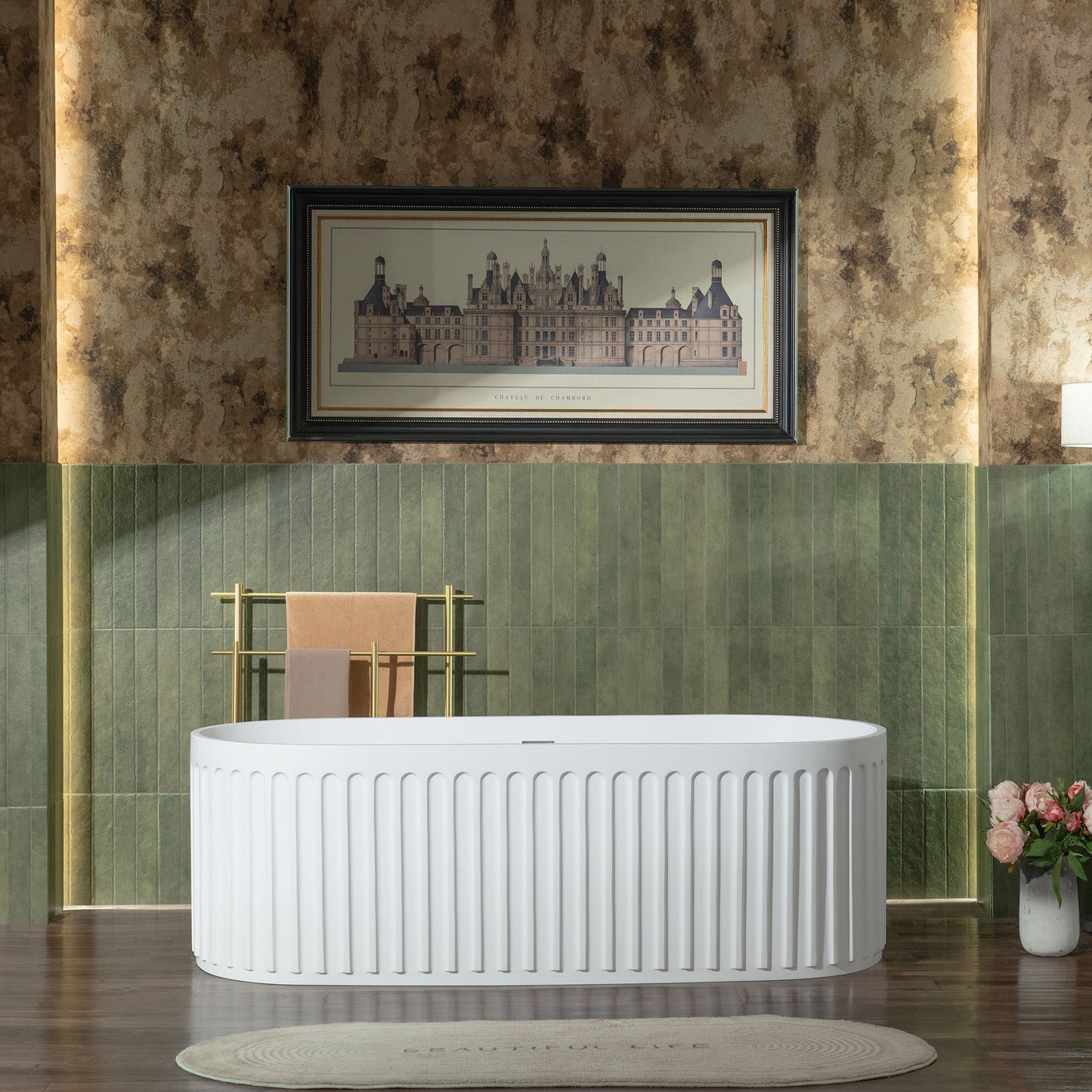 WOODBRIDGE 67" B0054 | Contemporary Freestanding Solid Surface Stone Resin Bathtub |  Matte White Luxury Soaking Tub with Dual Drain Covers