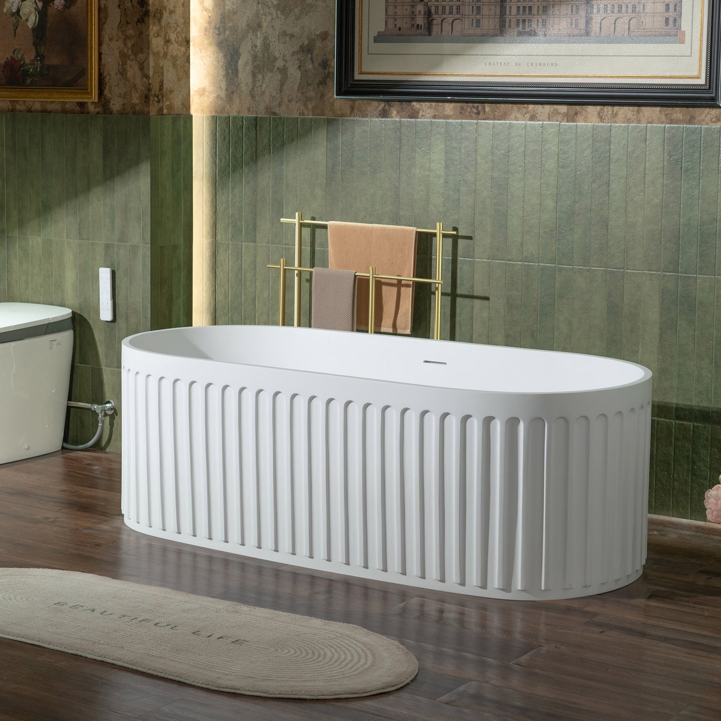WOODBRIDGE 67" B0054 | Contemporary Freestanding Solid Surface Stone Resin Bathtub |  Matte White Luxury Soaking Tub with Dual Drain Covers