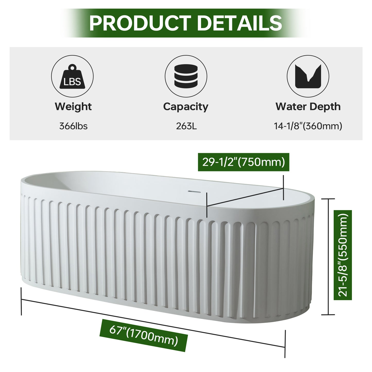 WOODBRIDGE 67" B0054 | Contemporary Freestanding Solid Surface Stone Resin Bathtub |  Matte White Luxury Soaking Tub with Dual Drain Covers