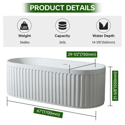 WOODBRIDGE 67" B0054 | Contemporary Freestanding Solid Surface Stone Resin Bathtub |  Matte White Luxury Soaking Tub with Dual Drain Covers
