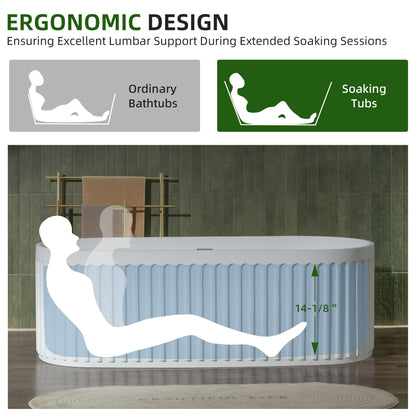 WOODBRIDGE 67" B0054 | Contemporary Freestanding Solid Surface Stone Resin Bathtub |  Matte White Luxury Soaking Tub with Dual Drain Covers