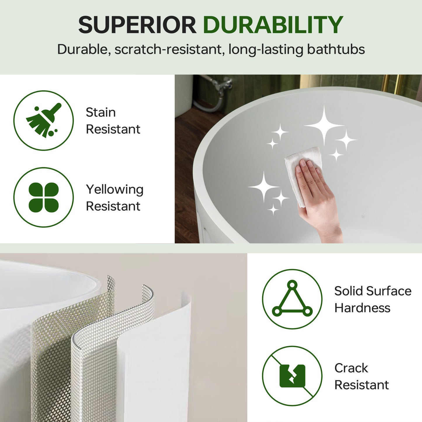 WOODBRIDGE 67" B0054 | Contemporary Freestanding Solid Surface Stone Resin Bathtub |  Matte White Luxury Soaking Tub with Dual Drain Covers