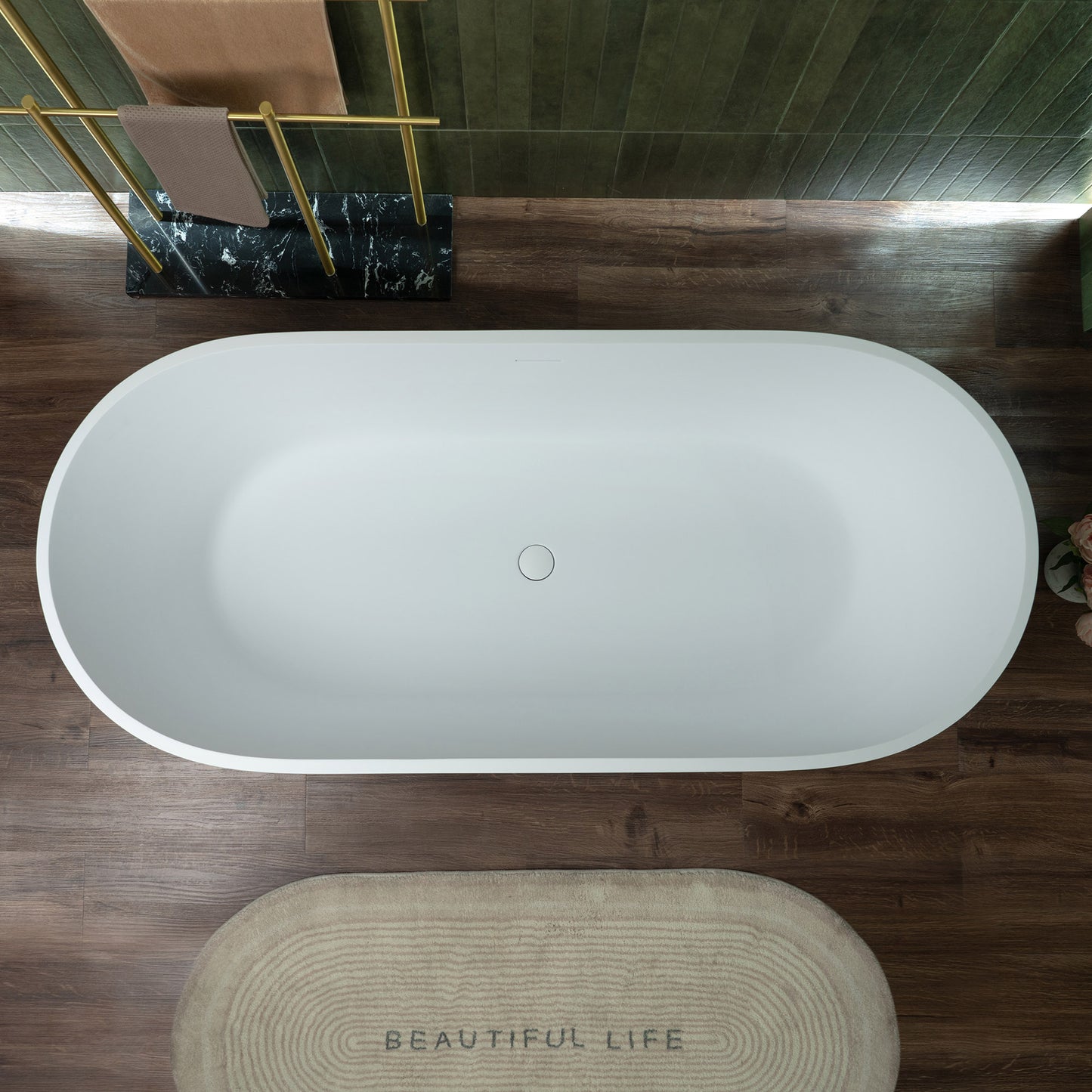 WOODBRIDGE 67" B0054 | Contemporary Freestanding Solid Surface Stone Resin Bathtub |  Matte White Luxury Soaking Tub with Dual Drain Covers