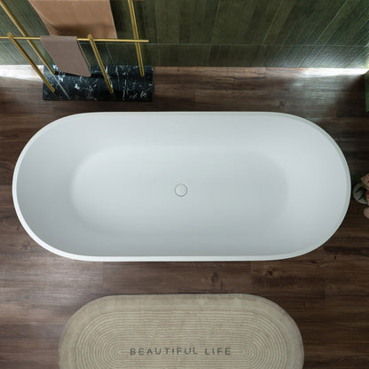 WOODBRIDGE 67" B0054 | Contemporary Freestanding Solid Surface Stone Resin Bathtub |  Matte White Luxury Soaking Tub with Dual Drain Covers