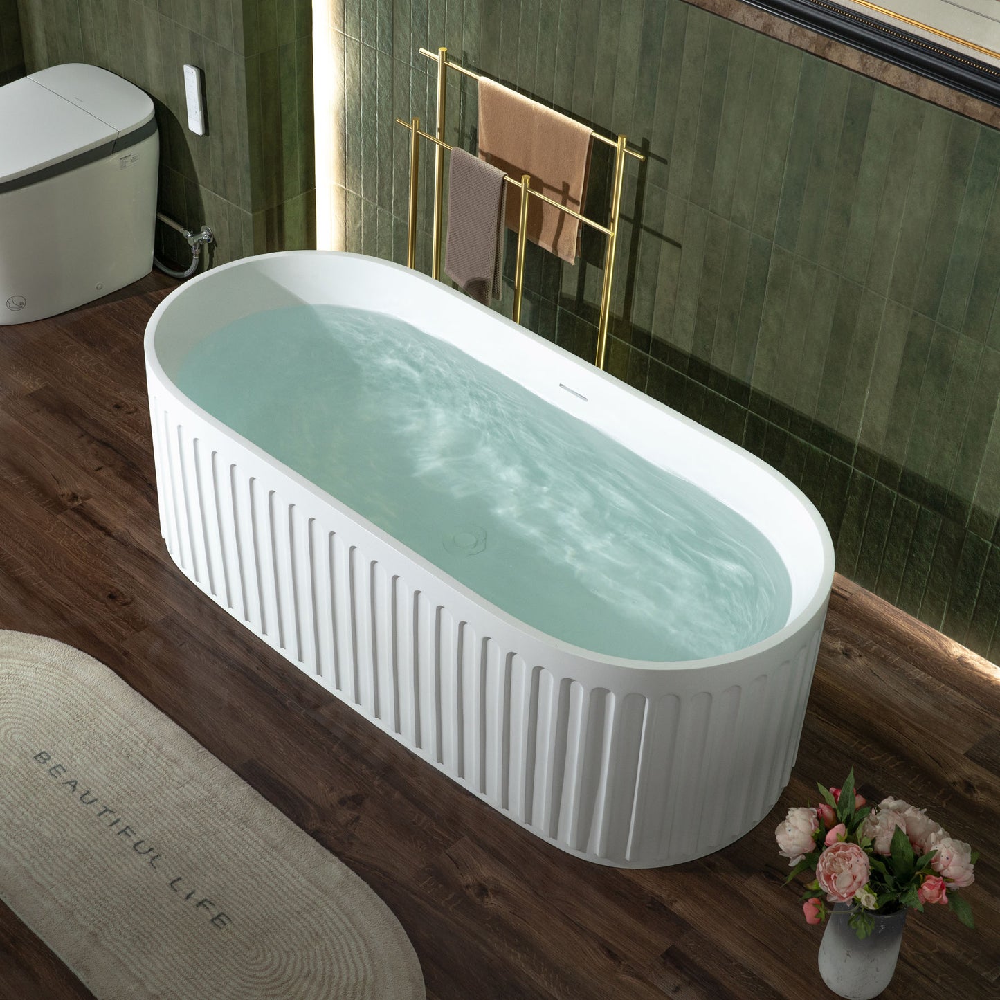 WOODBRIDGE 67" B0054 | Contemporary Freestanding Solid Surface Stone Resin Bathtub |  Matte White Luxury Soaking Tub with Dual Drain Covers