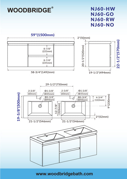 WOODBRIDGE | Wall-Mounted Floating Bathroom Vanity | Glossy White Resin Top | White Cabinet