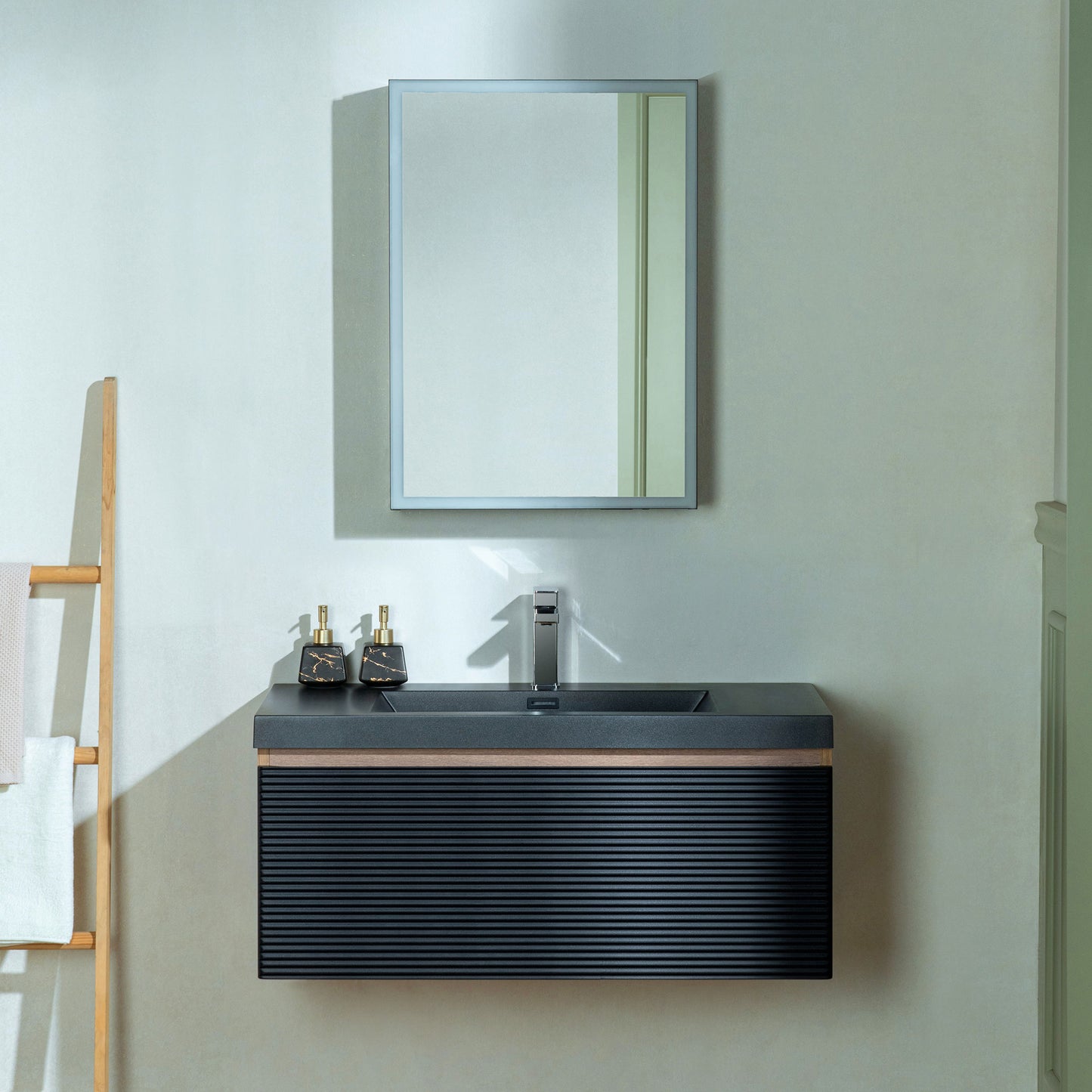 WOODBRIDGE | Wall-Mounted Floating Bathroom Vanity | Multi-Layer Engineered Wood | Black Sintered Stone Top