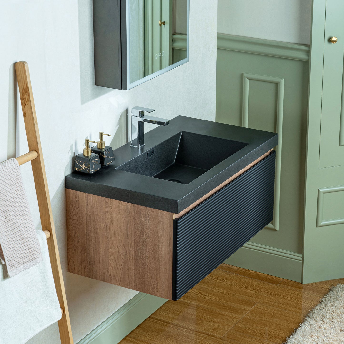 WOODBRIDGE | Wall-Mounted Floating Bathroom Vanity | Multi-Layer Engineered Wood | Black Sintered Stone Top