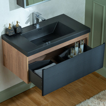 WOODBRIDGE | Wall-Mounted Floating Bathroom Vanity | Multi-Layer Engineered Wood | Black Sintered Stone Top
