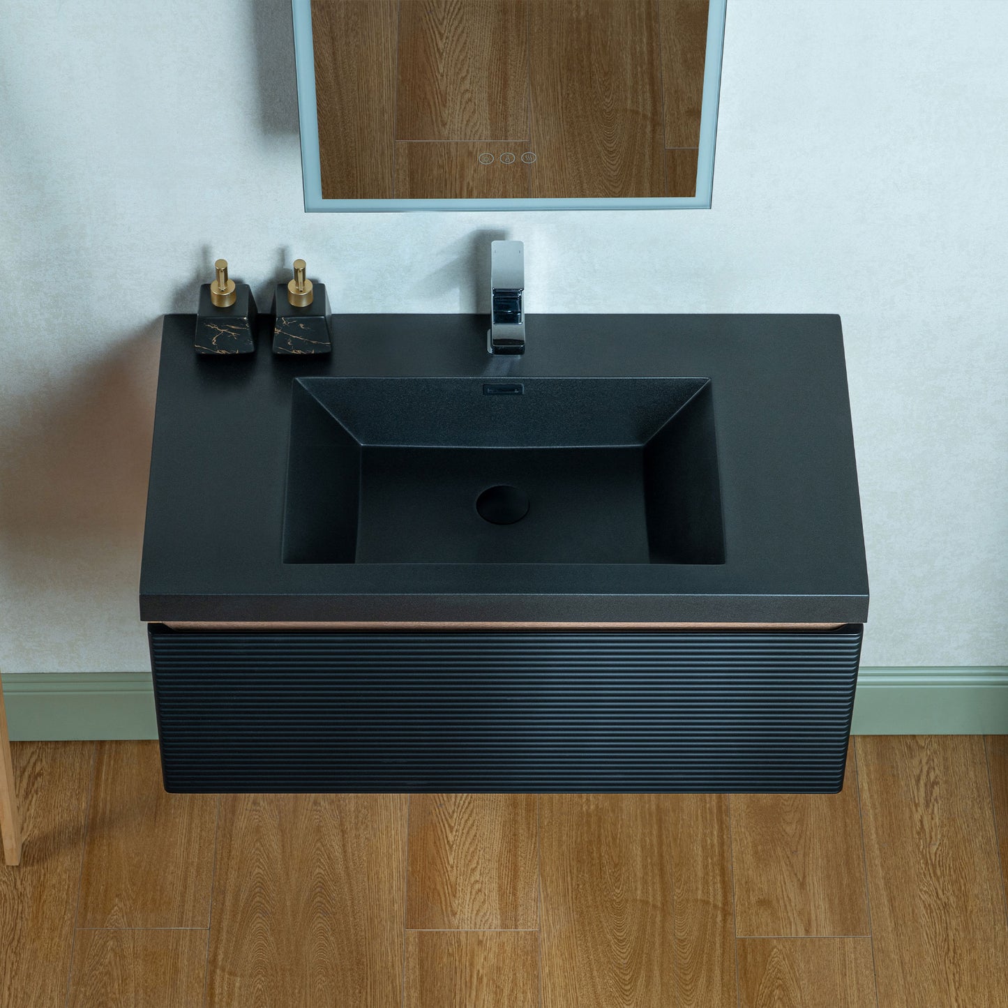 WOODBRIDGE | Wall-Mounted Floating Bathroom Vanity | Multi-Layer Engineered Wood | Black Sintered Stone Top