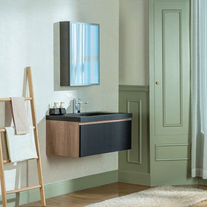 WOODBRIDGE | Wall-Mounted Floating Bathroom Vanity | Multi-Layer Engineered Wood | Black Sintered Stone Top