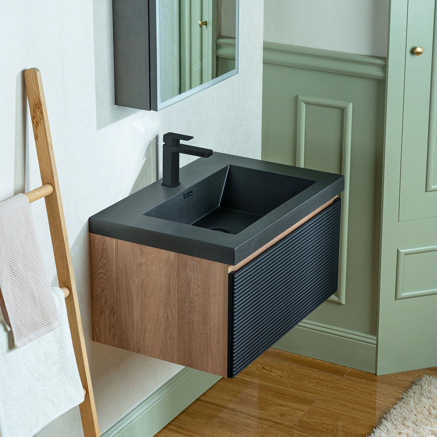 WOODBRIDGE | Wall-Mounted Floating Bathroom Vanity | Multi-Layer Engineered Wood | Black Sintered Stone Top