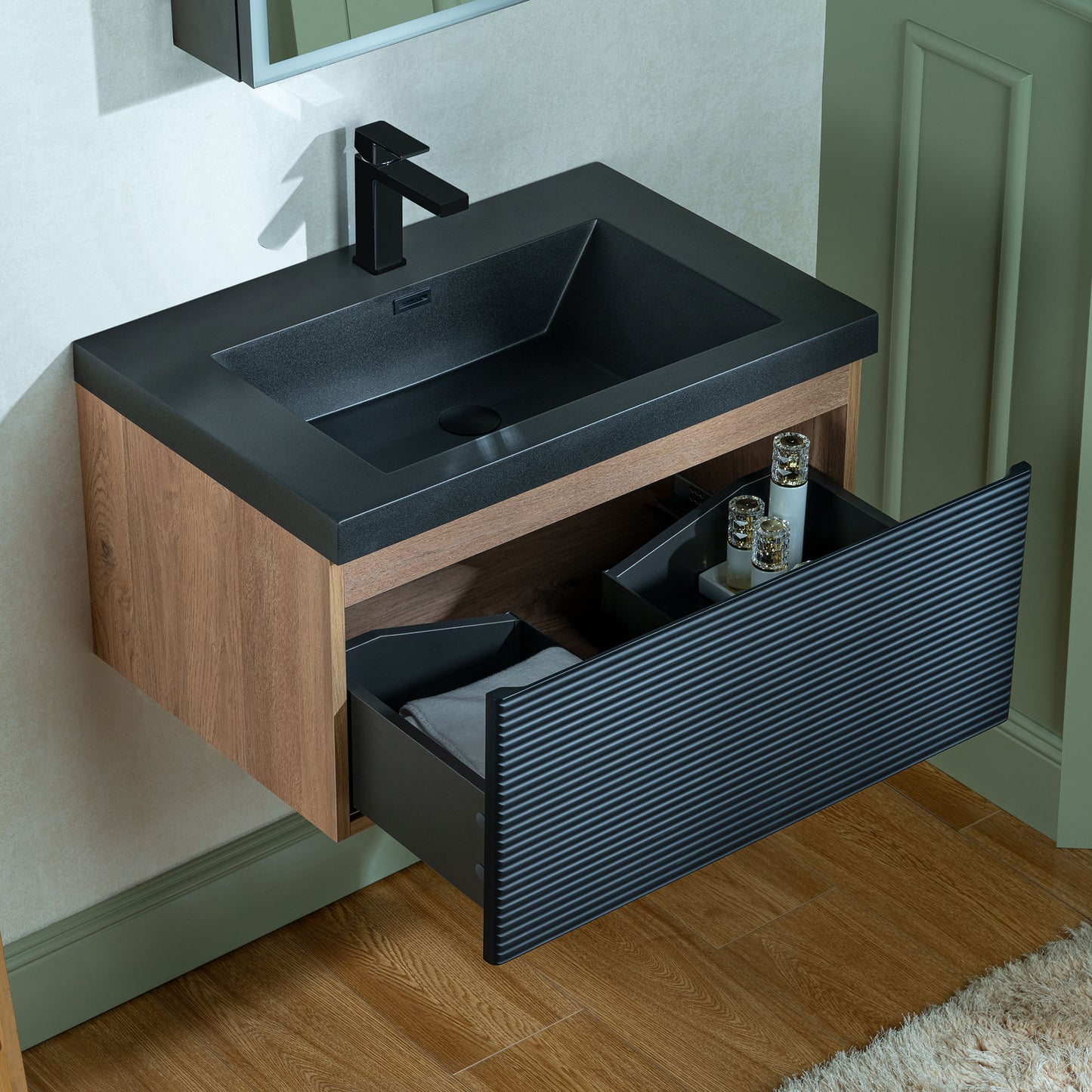 WOODBRIDGE | Wall-Mounted Floating Bathroom Vanity | Multi-Layer Engineered Wood | Black Sintered Stone Top