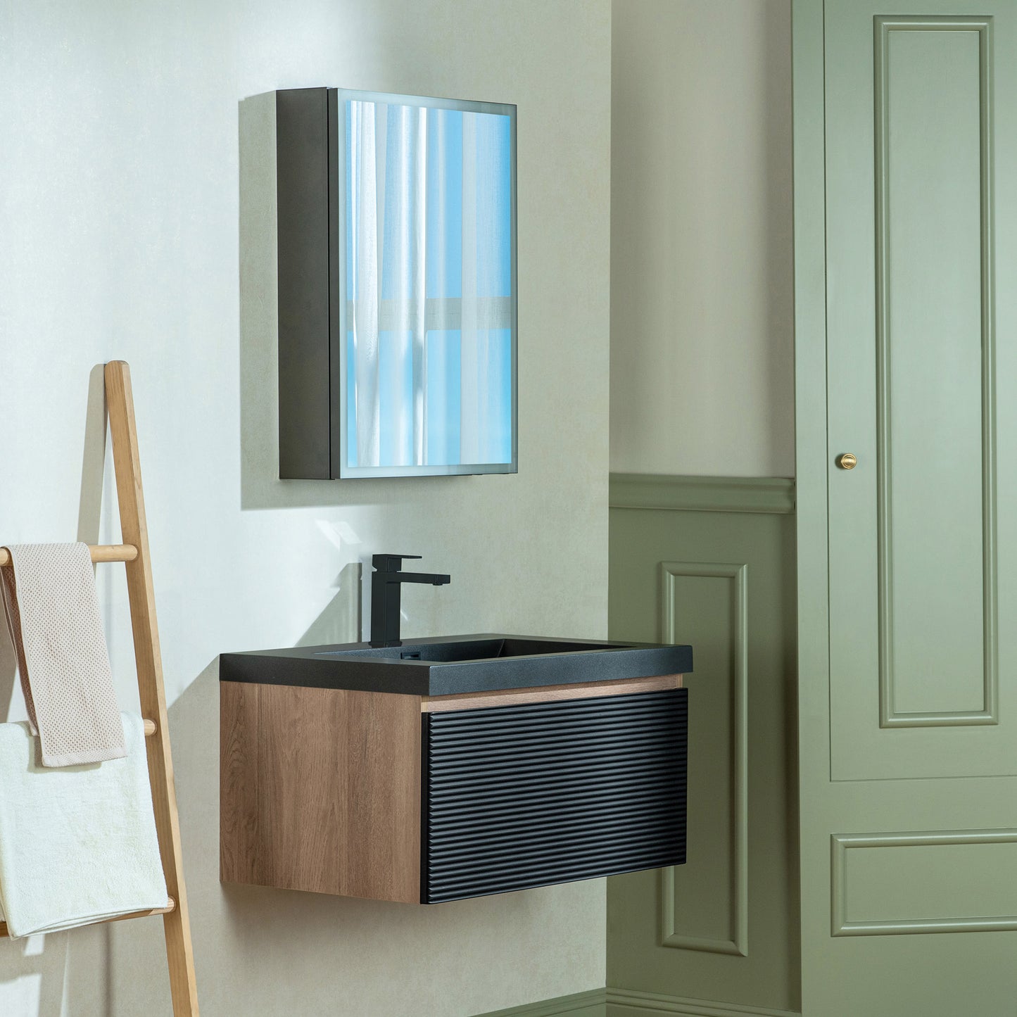 WOODBRIDGE | Wall-Mounted Floating Bathroom Vanity | Multi-Layer Engineered Wood | Black Sintered Stone Top