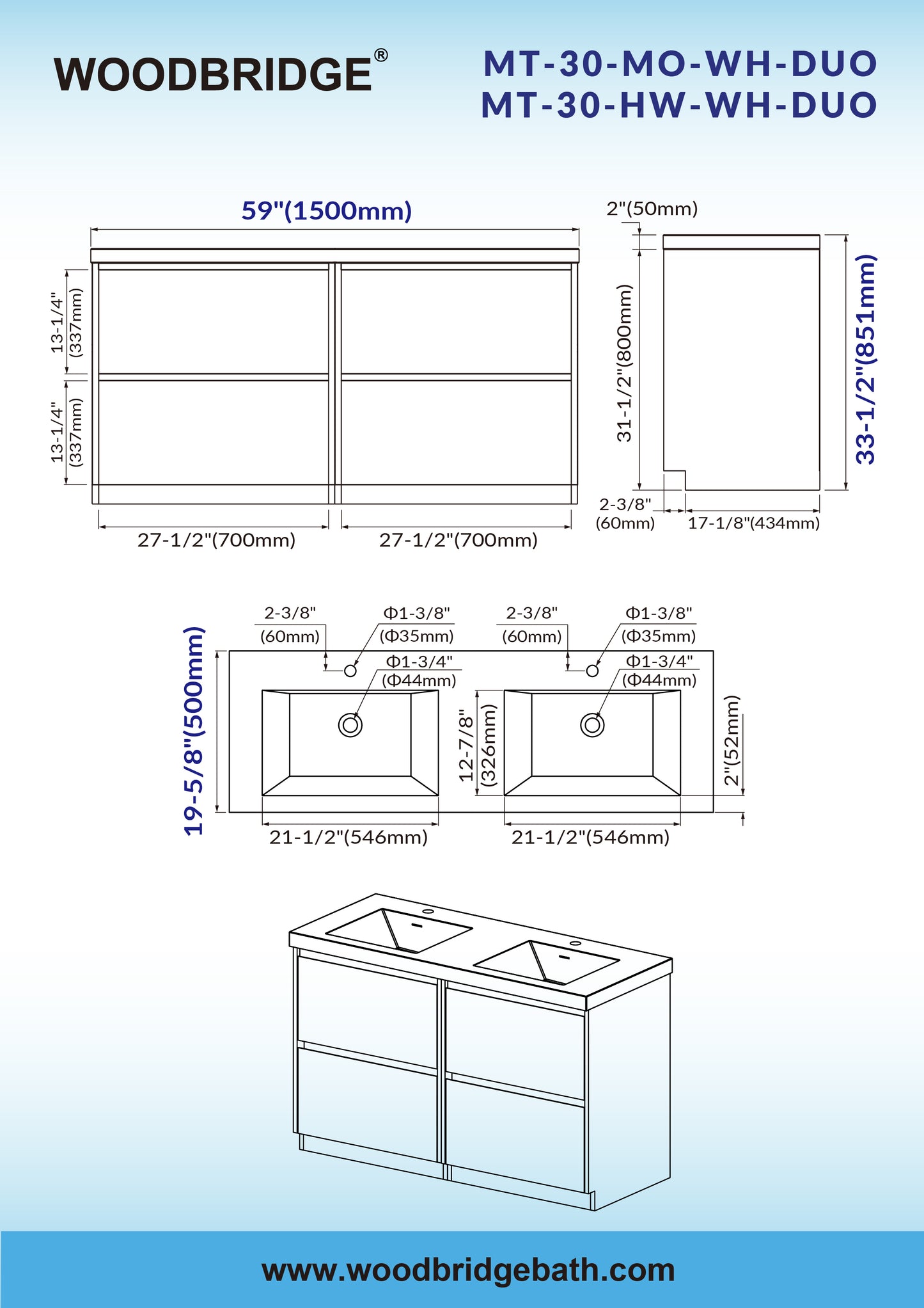 WOODBRIDGE | Freestanding Double Bathroom Vanity | with White Resin Composite Double Sink Top