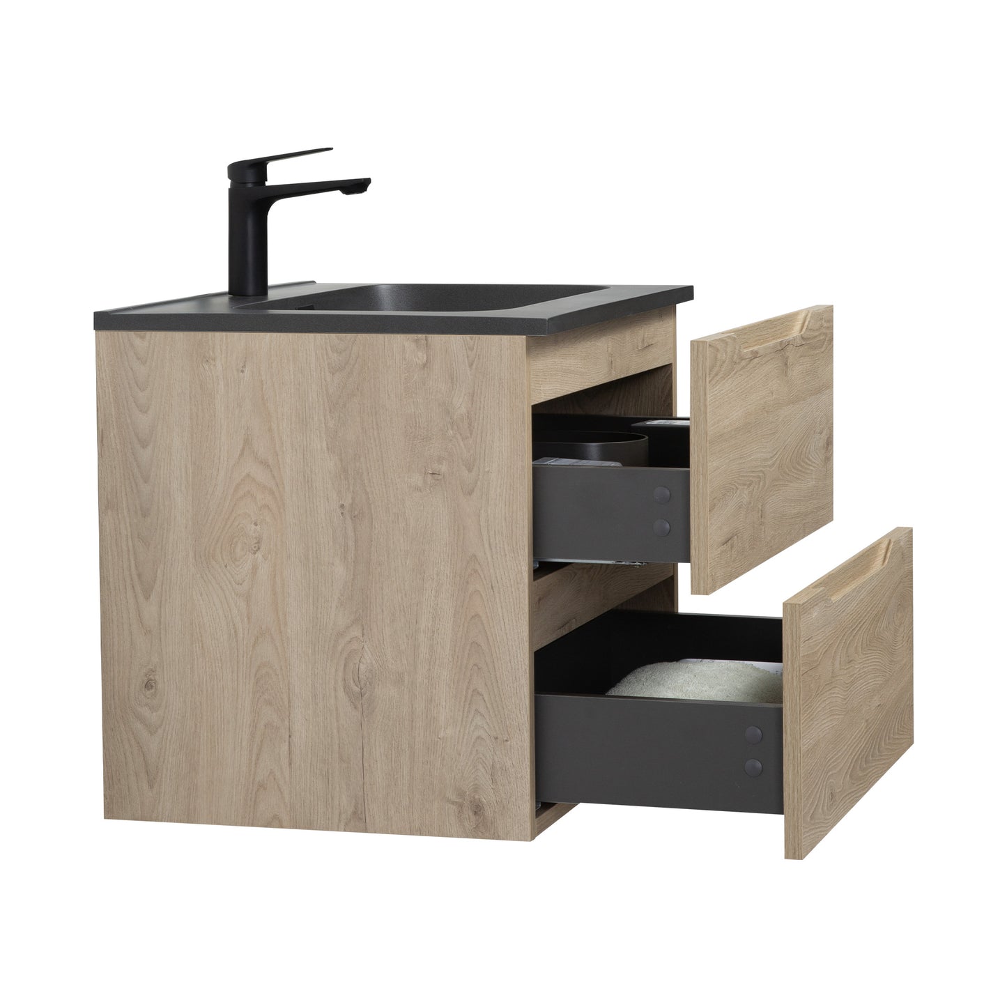 WOODBRIDGE Evita | Wall-Mounted Floating Bathroom Vanity | Black Quartz Composite Top | Oak Finish