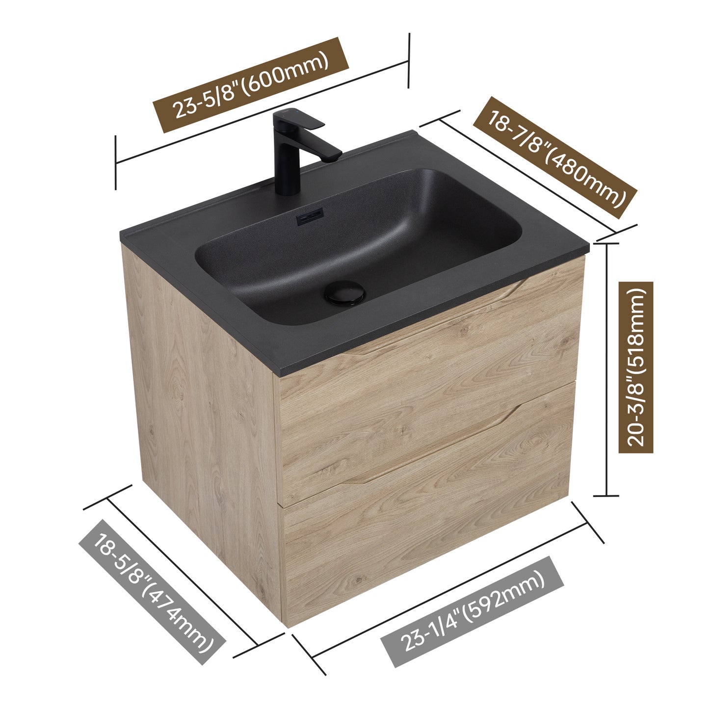 WOODBRIDGE Evita | Wall-Mounted Floating Bathroom Vanity | Black Quartz Composite Top | Oak Finish