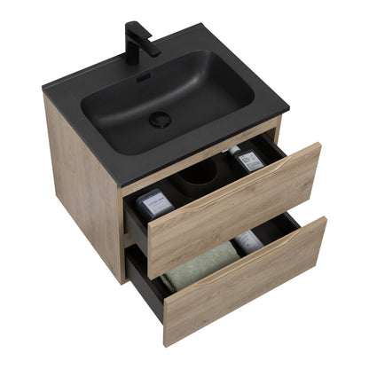 WOODBRIDGE Evita | Wall-Mounted Floating Bathroom Vanity | Black Quartz Composite Top | Oak Finish