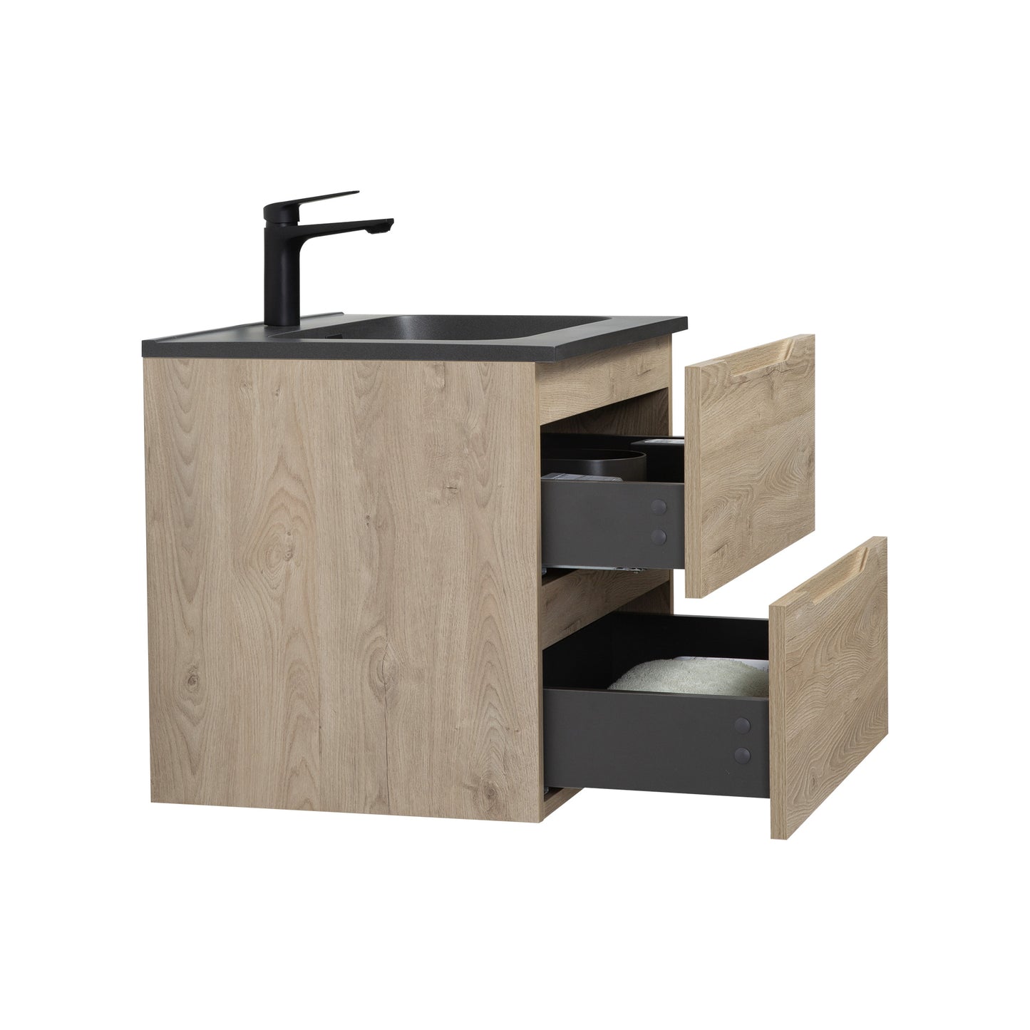 WOODBRIDGE Evita | Wall-Mounted Floating Bathroom Vanity | Black Quartz Composite Top | Oak Finish