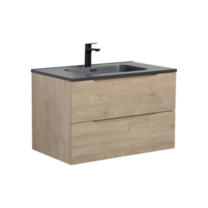 WOODBRIDGE Evita | Wall-Mounted Floating Bathroom Vanity | Black Quartz Composite Top | Oak Finish