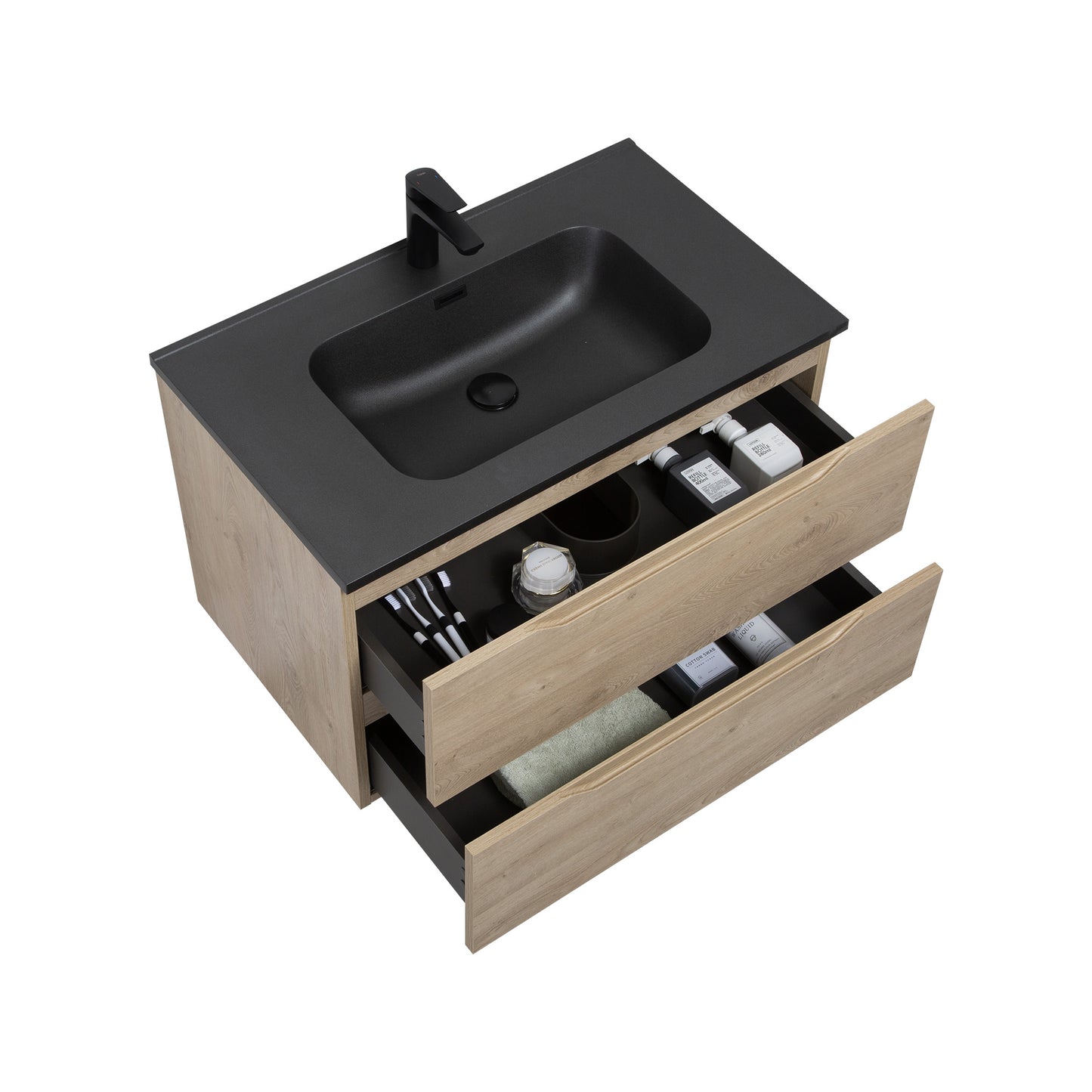 WOODBRIDGE Evita | Wall-Mounted Floating Bathroom Vanity | Black Quartz Composite Top | Oak Finish