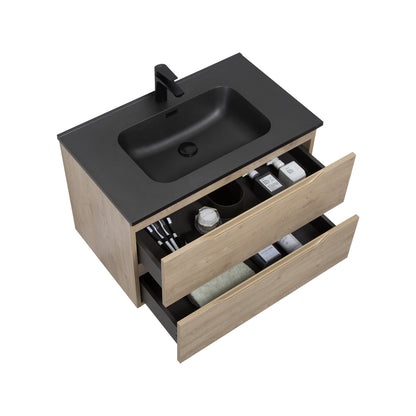 WOODBRIDGE Evita | Wall-Mounted Floating Bathroom Vanity | Black Quartz Composite Top | Oak Finish