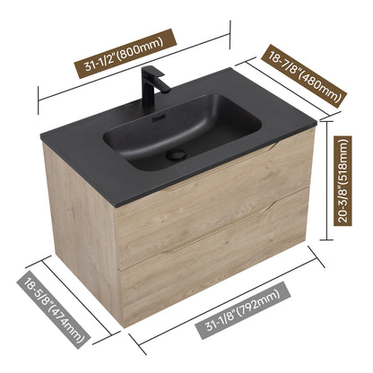 WOODBRIDGE Evita | Wall-Mounted Floating Bathroom Vanity | Black Quartz Composite Top | Oak Finish