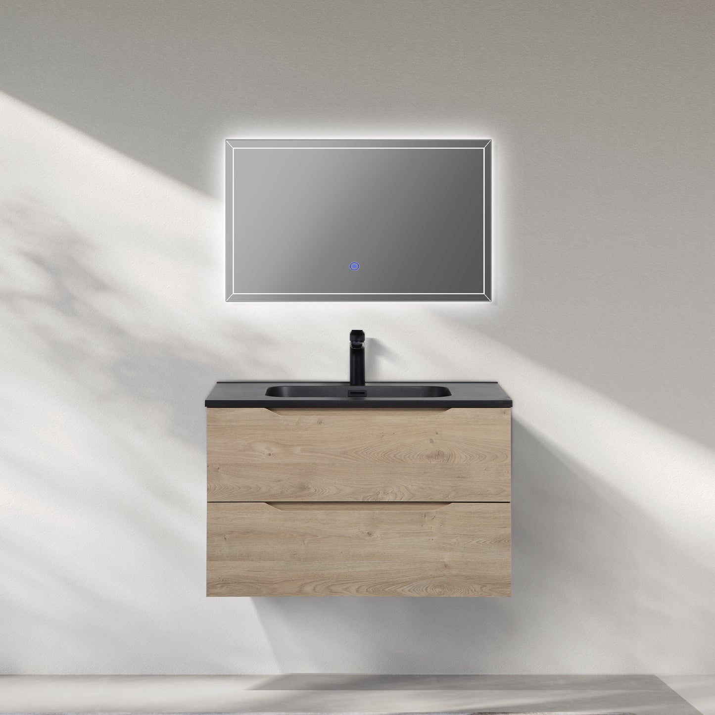WOODBRIDGE Evita | Wall-Mounted Floating Bathroom Vanity | Black Quartz Composite Top | Oak Finish