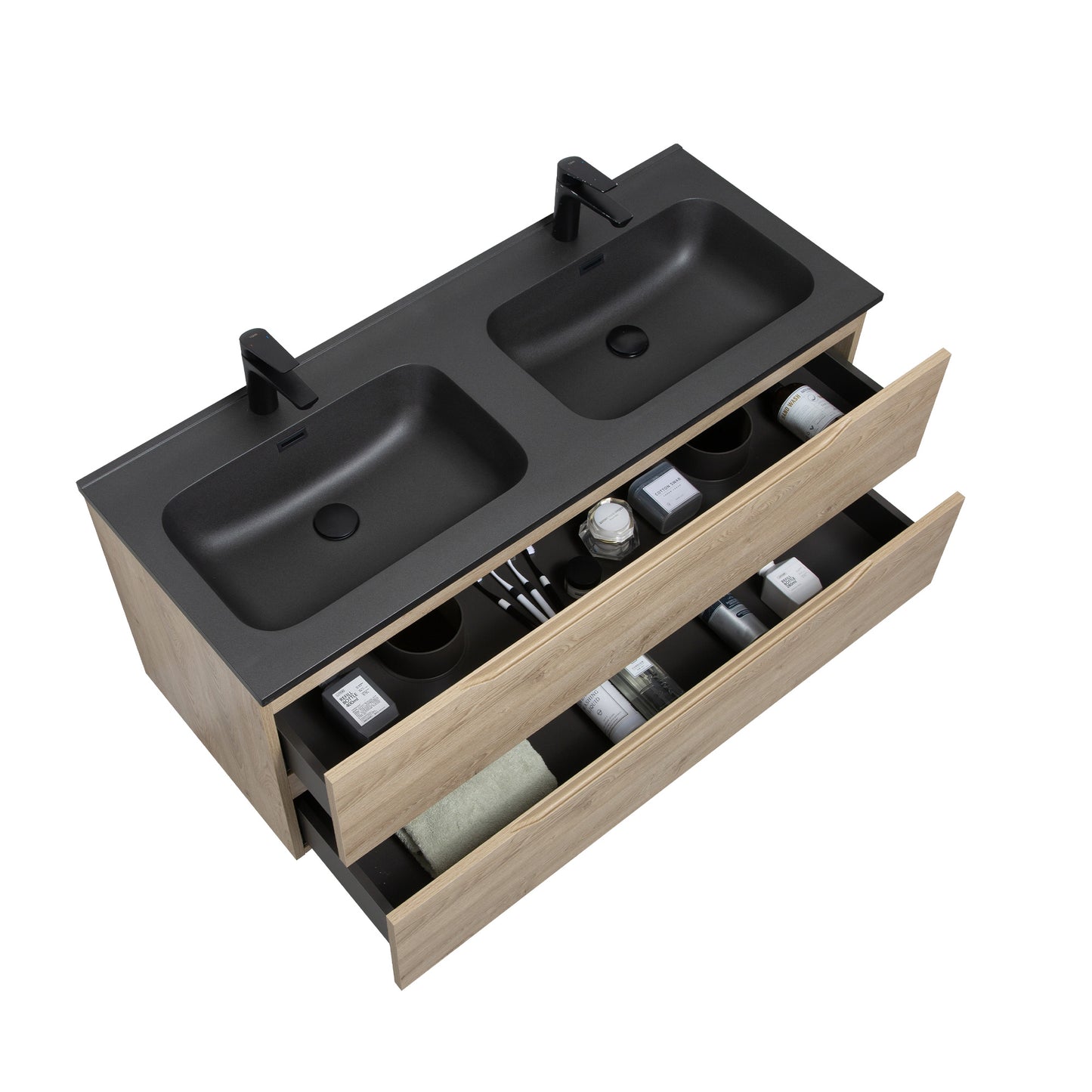 WOODBRIDGE Evita 48" | Wall-Mounted Floating Double-Sink Bathroom Vanity | Black Quartz Composite Top |Oak Finish Cabinet