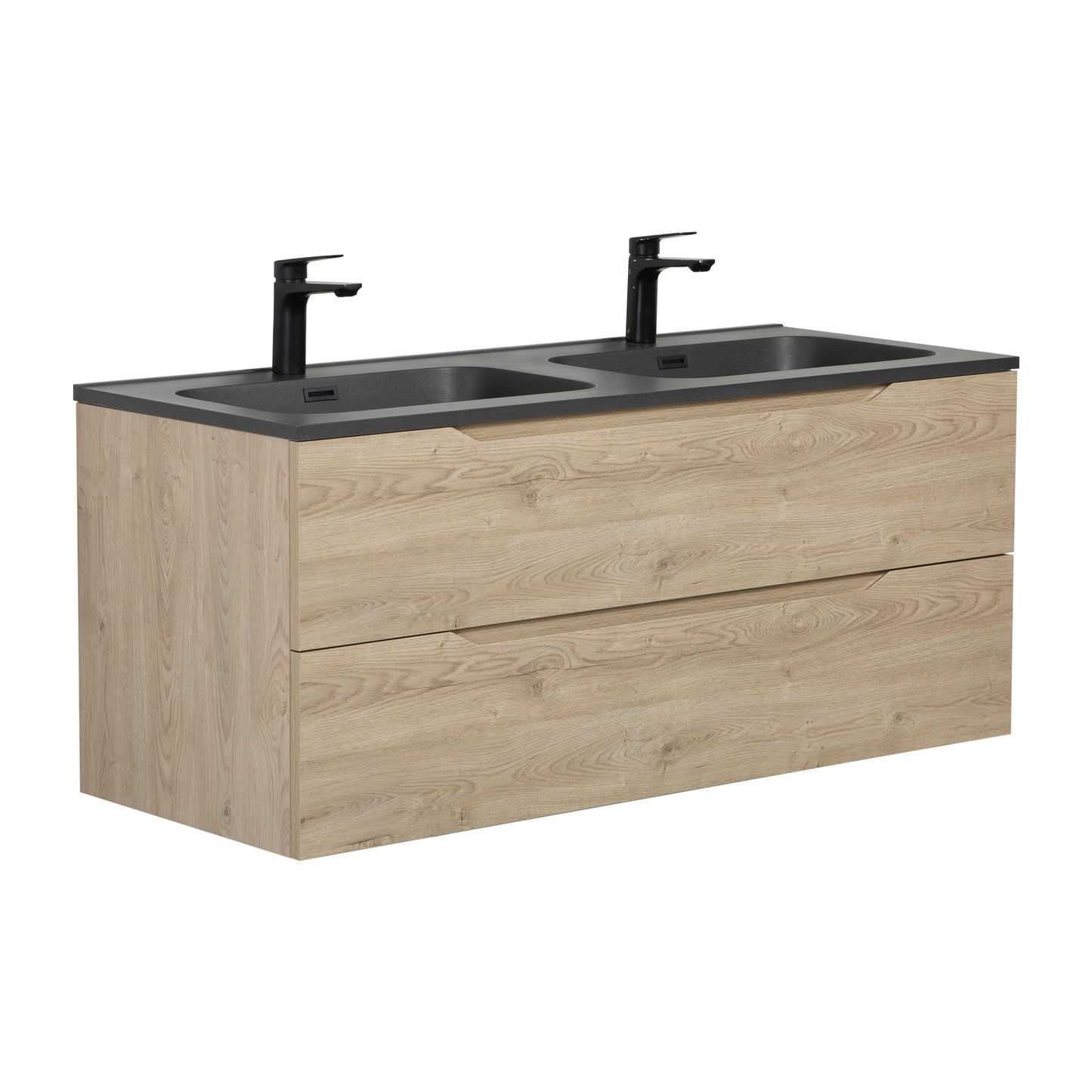 WOODBRIDGE Evita 48" | Wall-Mounted Floating Double-Sink Bathroom Vanity | Black Quartz Composite Top |Oak Finish Cabinet