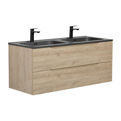 WOODBRIDGE Evita 48" | Wall-Mounted Floating Double-Sink Bathroom Vanity | Black Quartz Composite Top |Oak Finish Cabinet