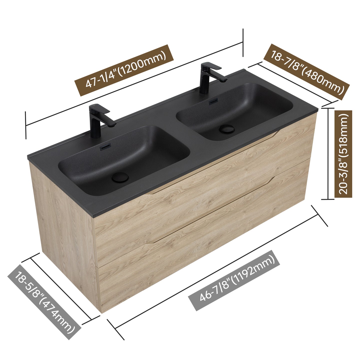 WOODBRIDGE Evita 48" | Wall-Mounted Floating Double-Sink Bathroom Vanity | Black Quartz Composite Top |Oak Finish Cabinet