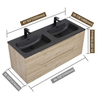 WOODBRIDGE Evita 48" | Wall-Mounted Floating Double-Sink Bathroom Vanity | Black Quartz Composite Top |Oak Finish Cabinet