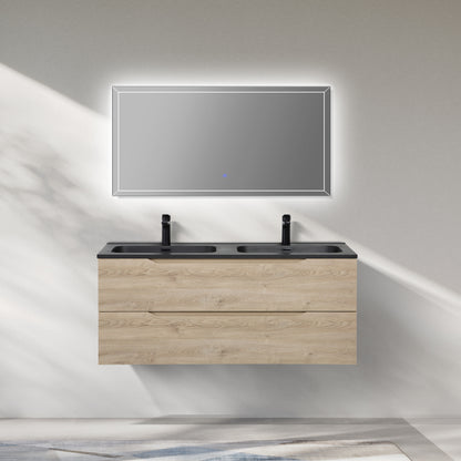 WOODBRIDGE Evita 48" | Wall-Mounted Floating Double-Sink Bathroom Vanity | Black Quartz Composite Top |Oak Finish Cabinet