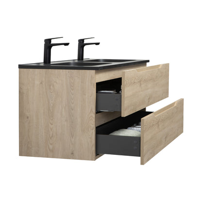 WOODBRIDGE Evita 48" | Wall-Mounted Floating Double-Sink Bathroom Vanity | Black Quartz Composite Top |Oak Finish Cabinet