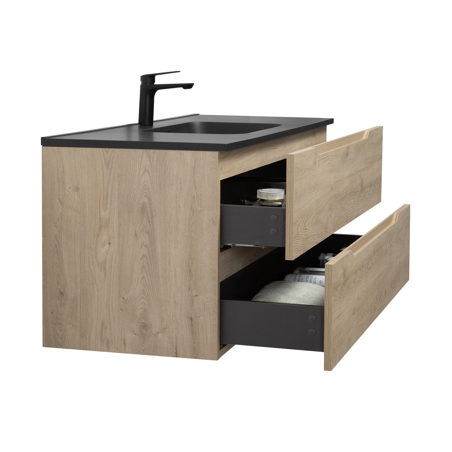 WOODBRIDGE Evita | Wall-Mounted Floating Bathroom Vanity | Black Quartz Composite Top | Oak Finish