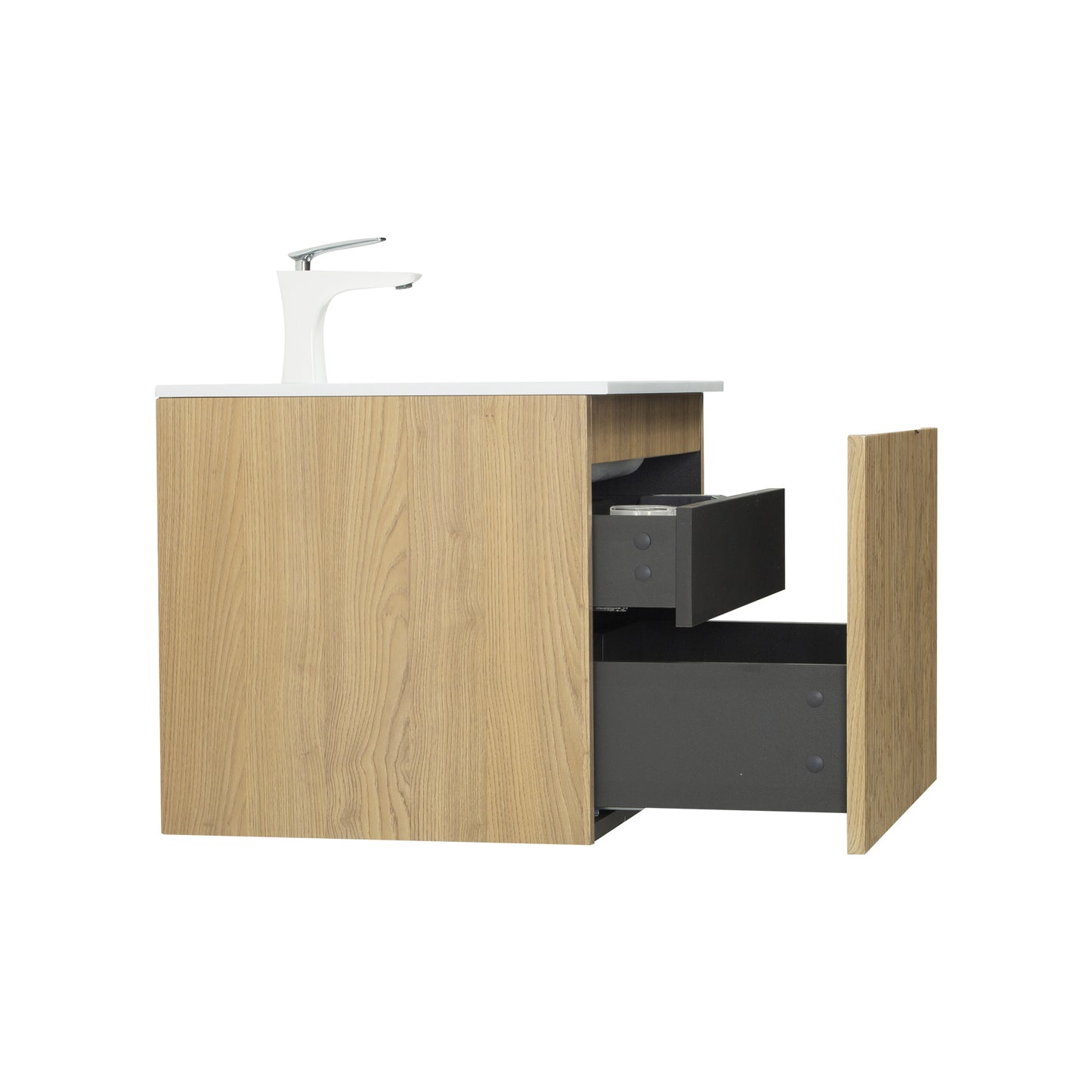 WOODBRIDGE | Wall-Mounted Floating Bathroom Vanity | White Resin Counter Top | Yellow Oak Finish
