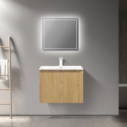 WOODBRIDGE | Wall-Mounted Floating Bathroom Vanity | White Resin Counter Top | Yellow Oak Finish