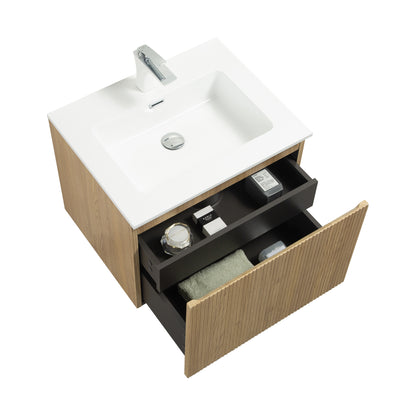 WOODBRIDGE | Wall-Mounted Floating Bathroom Vanity | White Resin Counter Top | Yellow Oak Finish