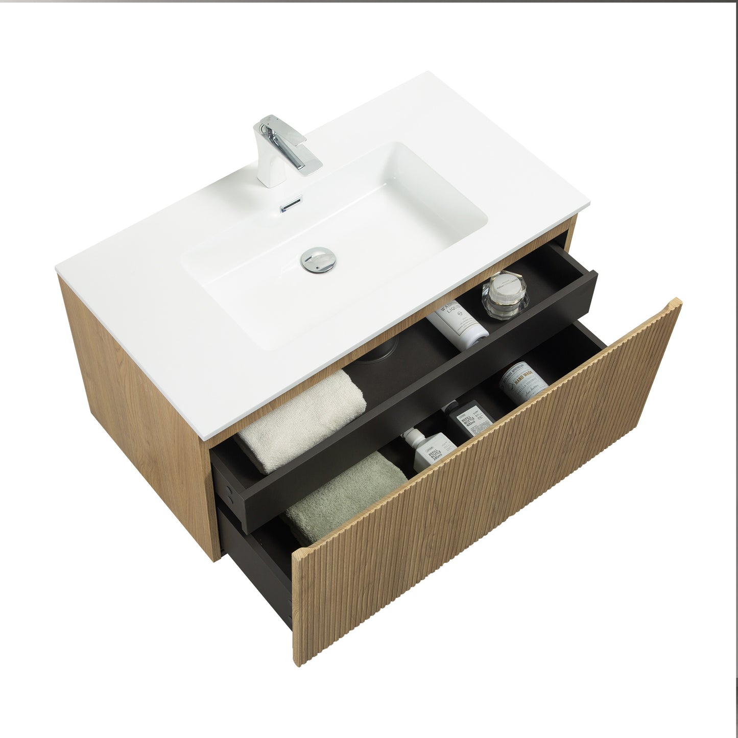 WOODBRIDGE | Wall-Mounted Floating Bathroom Vanity | White Resin Counter Top | Yellow Oak Finish