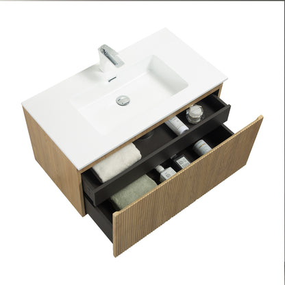 WOODBRIDGE | Wall-Mounted Floating Bathroom Vanity | White Resin Counter Top | Yellow Oak Finish