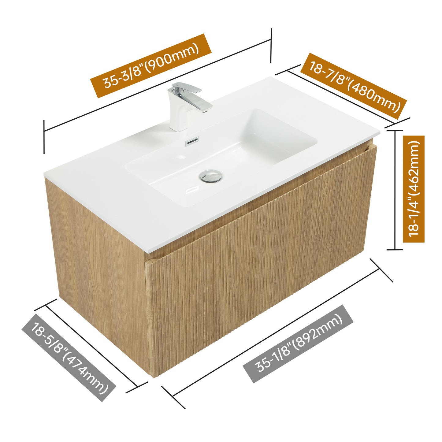 WOODBRIDGE | Wall-Mounted Floating Bathroom Vanity | White Resin Counter Top | Yellow Oak Finish